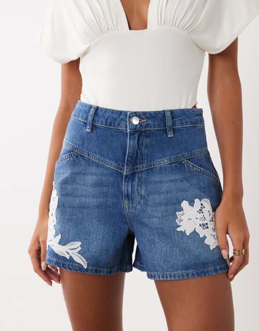 ASOS LUXE appliqué lace shorts in blue, 3 of 5