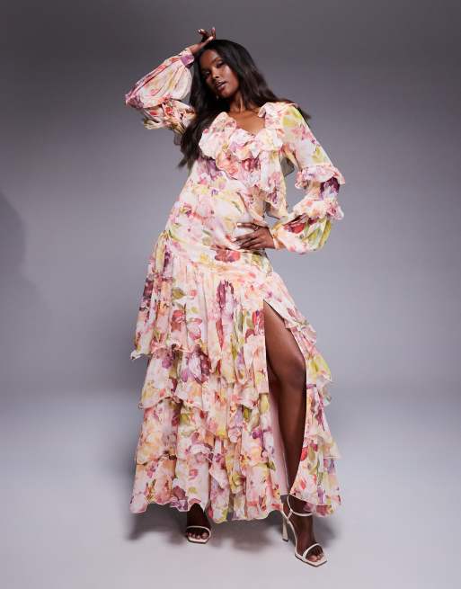ASOS Luxe – Asymetryczna sukienka maxi z organzy i szyfonu w kwiatowy wzór w stylu vintage 