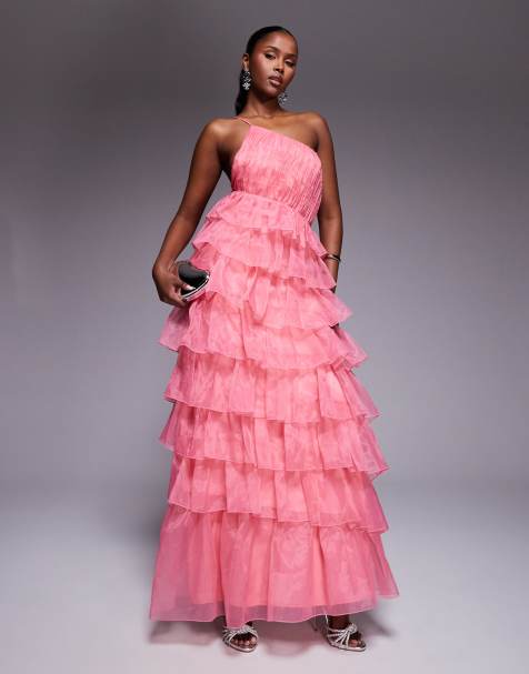 ASOS LUXE - Asymmetrische maxi-jurk van organza met ruches in roze - view 1