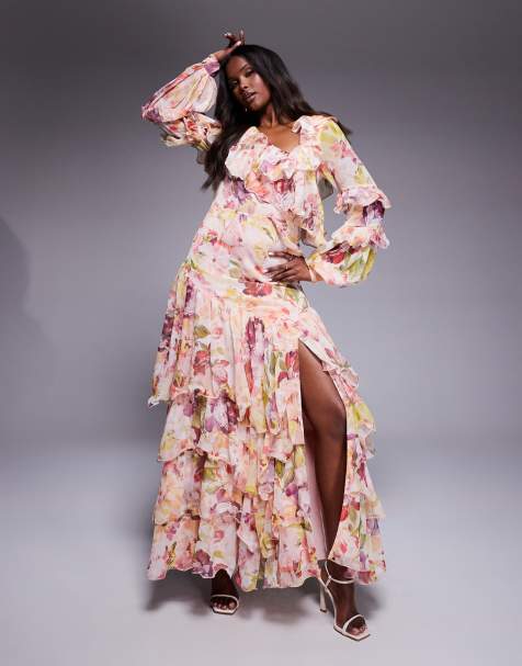 ASOS LUXE - Asymmetrisk maxikjole i organza og chiffon med vintage-blomstermønster - view 1