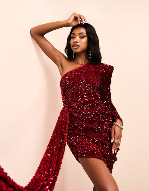 ASOS LUXE - Asymmetrisk oneshoulder-minikjole med drapering og pailletter i bordeaux, 2 af 4