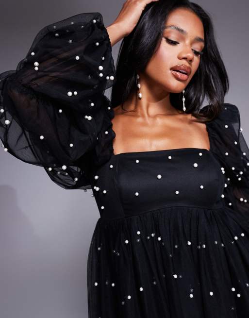 ASOS LUXE - Babydoll jurk van tule versierd met parels in zwart, 2 van 4