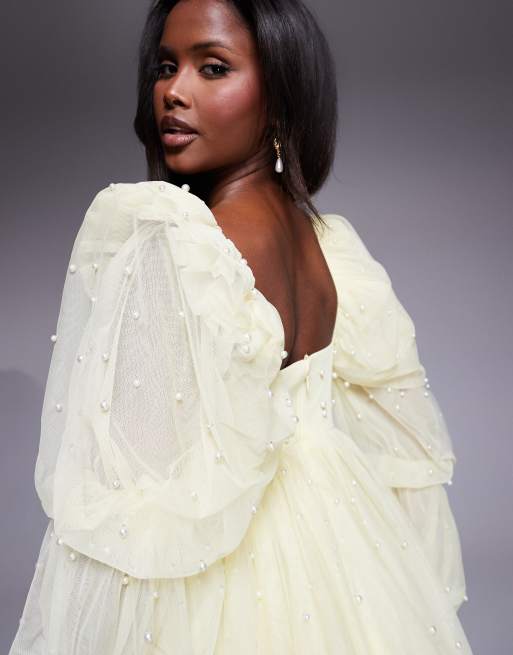 ASOS LUXE - Babydoll-jurk van tulle met parelversiering in lichtgeel, 2 van 4