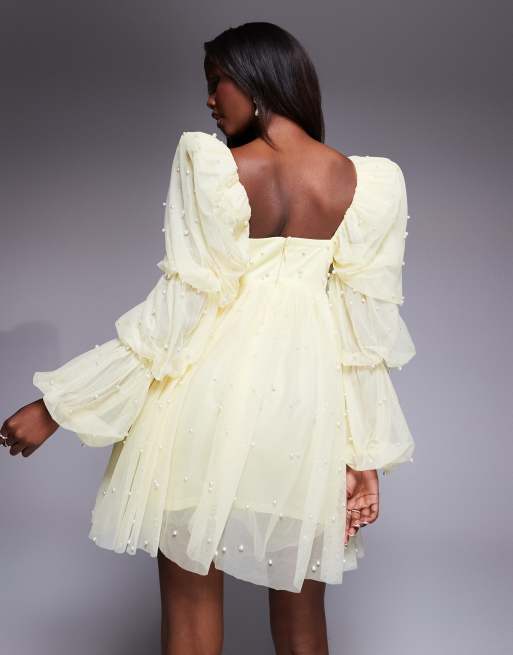 ASOS LUXE - Babydoll-jurk van tulle met parelversiering in lichtgeel, 4 van 4