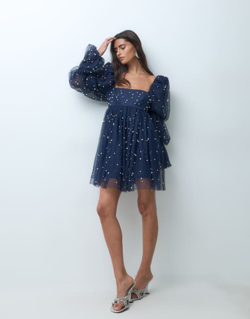 ASOS LUXE Babydoll-Kleid aus Tüll mit Perlenverzierung in Marineblau, 4 von 5
