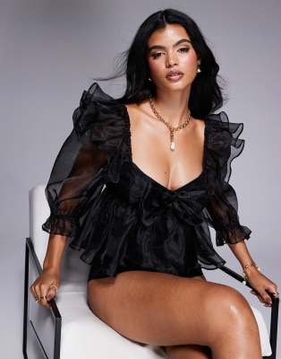 ASOS LUXE - Babydoll-Oberteil aus Organza in Schwarz mit Schleifendetails