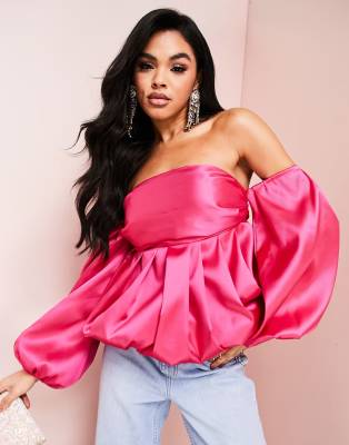 ASOS LUXE - Babydoll-Oberteil aus Satin in Rosa mit Ballonsaum