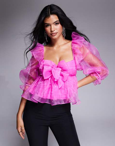 ASOS LUXE - Babydoll-top van organza met strikdetails in felroze - view 1