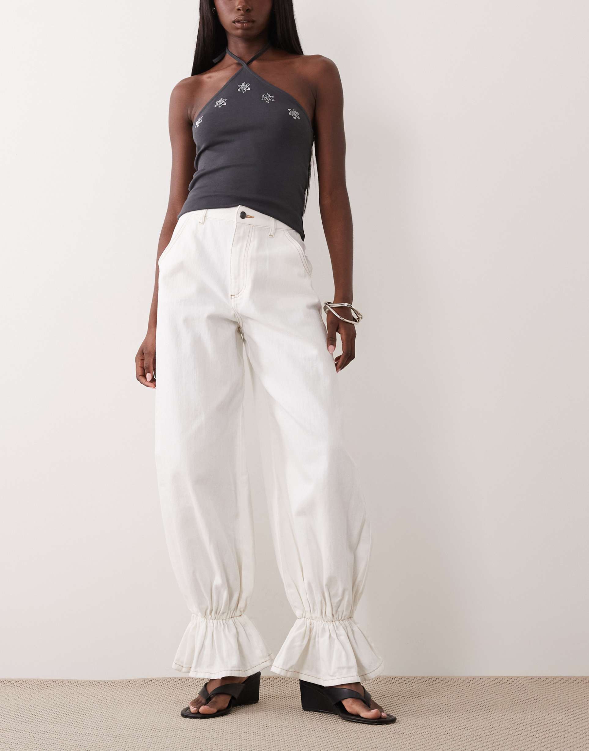 asos luxe balloon fit jeans with paperbag cuff in ecru