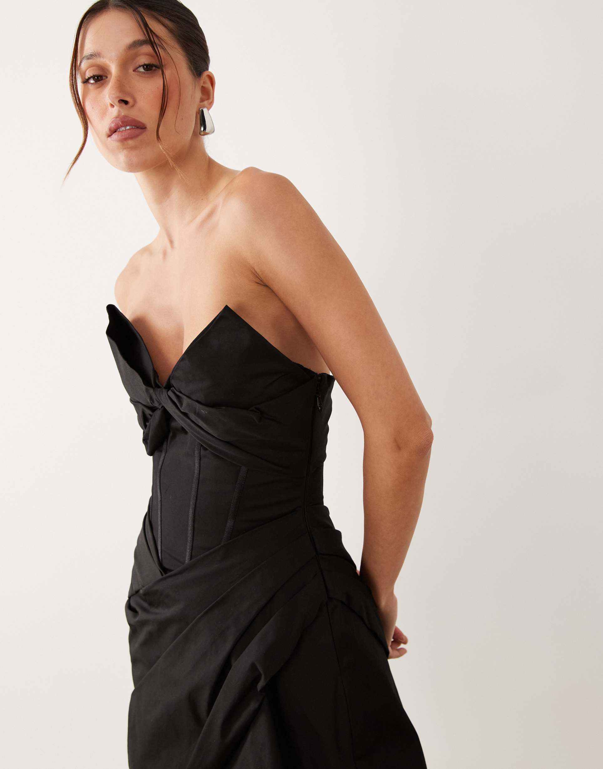 asos luxe bandeau bow detail corset structured mini dress in black