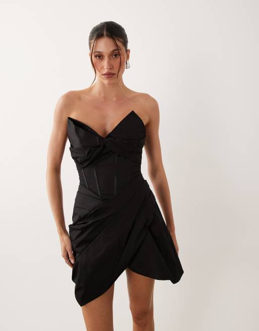 ASOS LUXE bandeau bow detail corset structured mini dress in black, 4 of 4