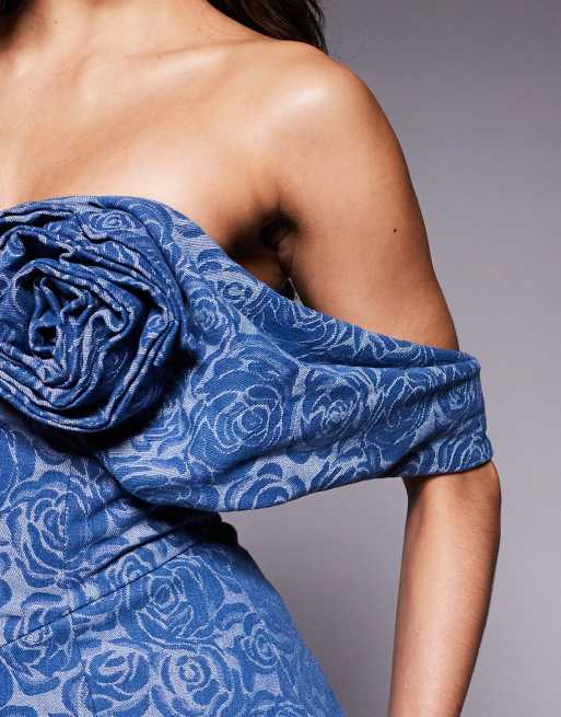 ASOS LUXE bandeau corsage off the shoulder dress in floral denim, 2 of 4