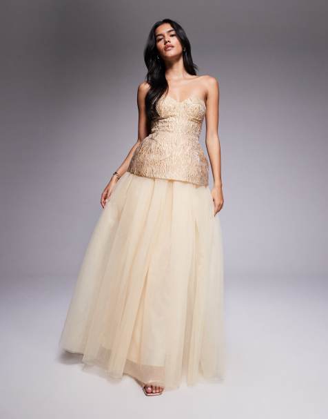 ASOS LUXE bandeau corset jacquard maxi dress with full skirt in gold - view 1