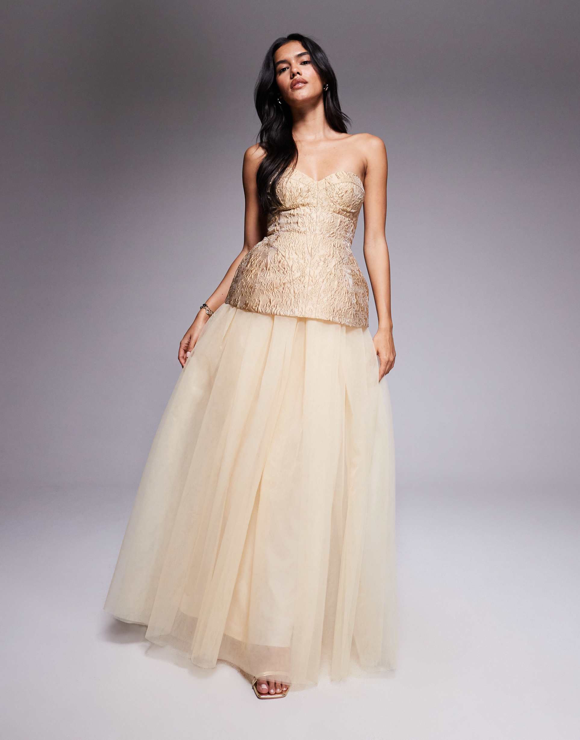 asos luxe bandeau corset jacquard maxi dress with full skirt in gold
