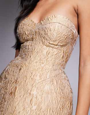 Asos Luxe Bandeau Corset Jacquard Maxi Dress With Full Skirt In Gold