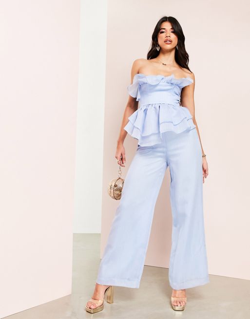ASOS LUXE bandeau corseted tiered ruffle top and wide leg sheer