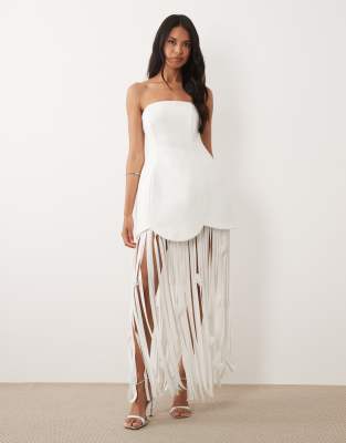 Asos Luxe Bandeau Dress With Fringed Skirt Detail In White