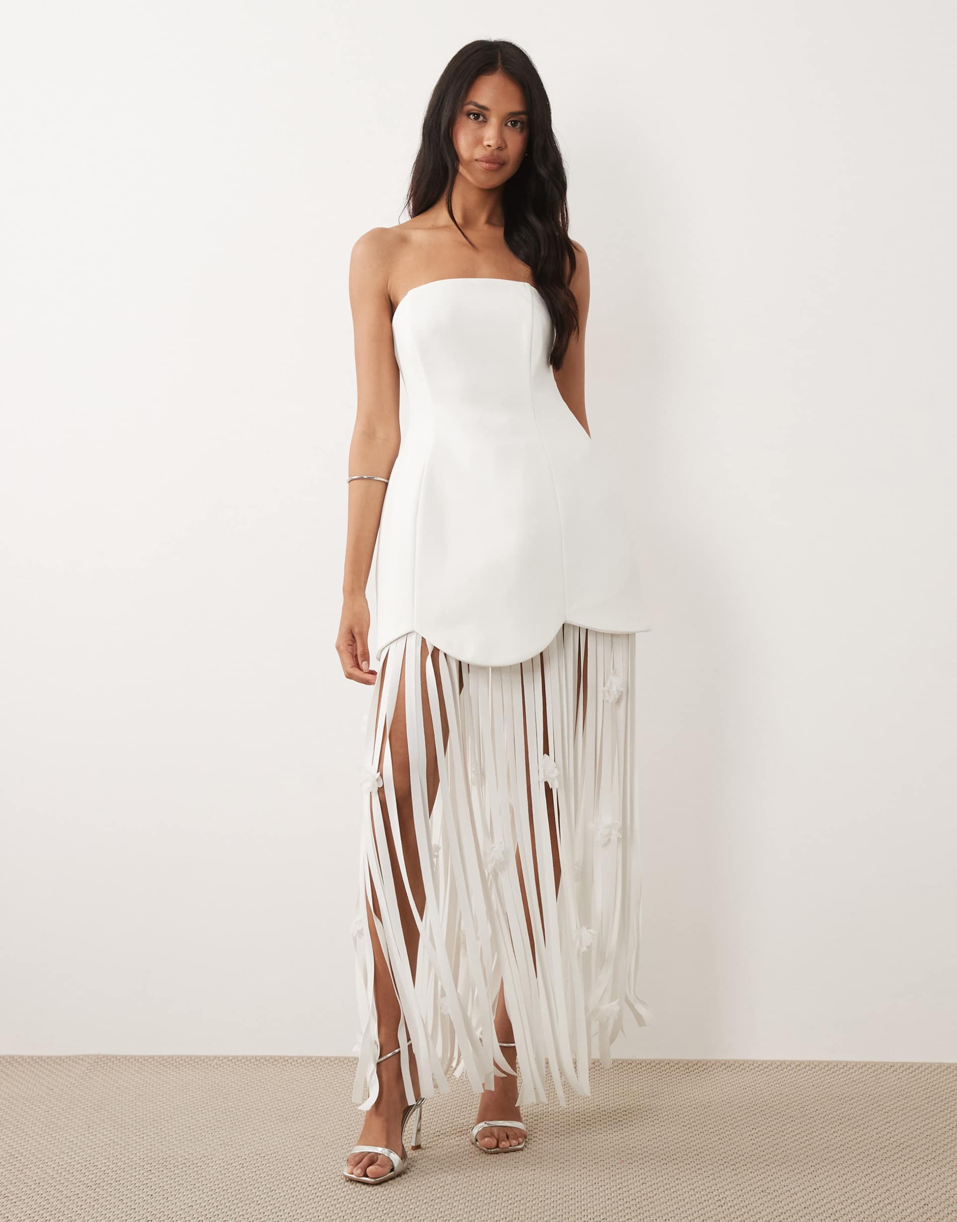 asos luxe bandeau dress with fringed skirt detail in white