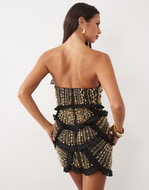 ASOS LUXE bandeau embellished ruffle mini dress in black and gold, 4 of 4