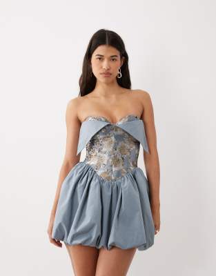 Asos Luxe Bandeau Jacquard Mini Dress With Puffball Skirt In Blue