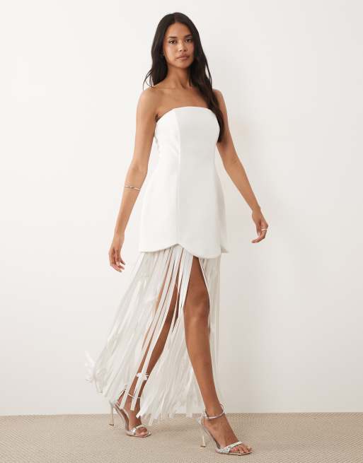 ASOS LUXE - Bandeau-jurk met rok met franjes in wit, 3 van 4