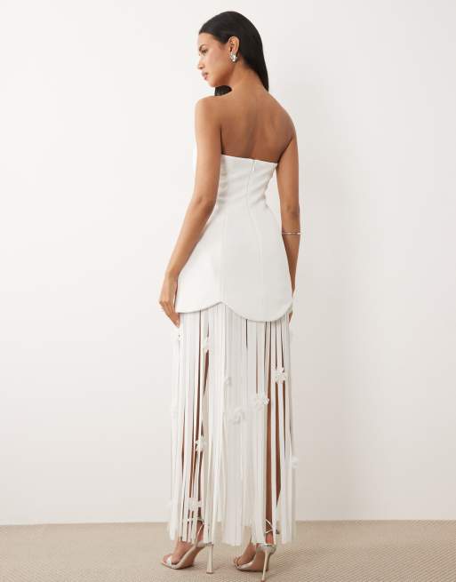 ASOS LUXE - Bandeau-jurk met rok met franjes in wit, 4 van 4