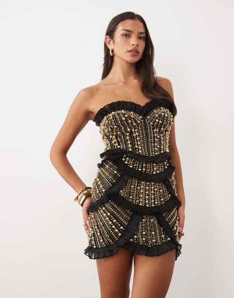 ASOS LUXE bandeau-klänning med utsmyckade volanger, mini, svart och guld - view 1