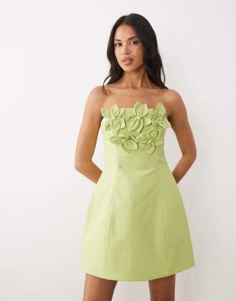 ASOS LUXE bandeau linen corsage detail mini dress in pistachio - view 1