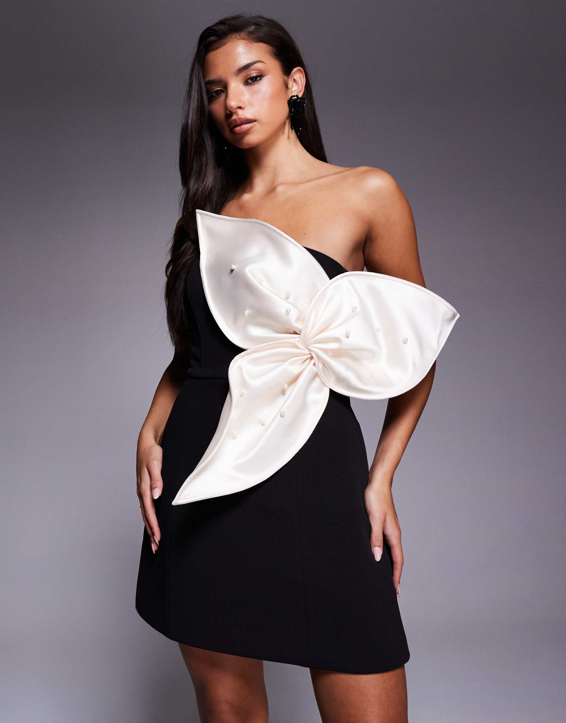 asos luxe bandeau mini dress with 3d flower in black