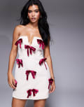 [ASOS LUXE] ASOS LUXE bandeau mini dress with burgundy velvet bows in cream-White 16 STONE