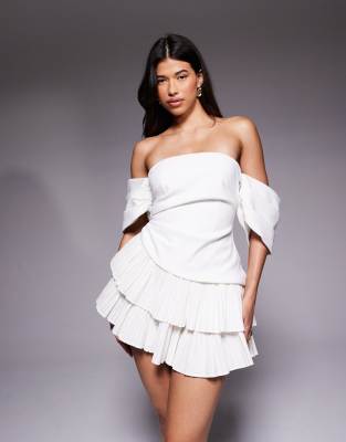 Asos Luxe Bandeau Mini Dress With Pleated Skirt In White