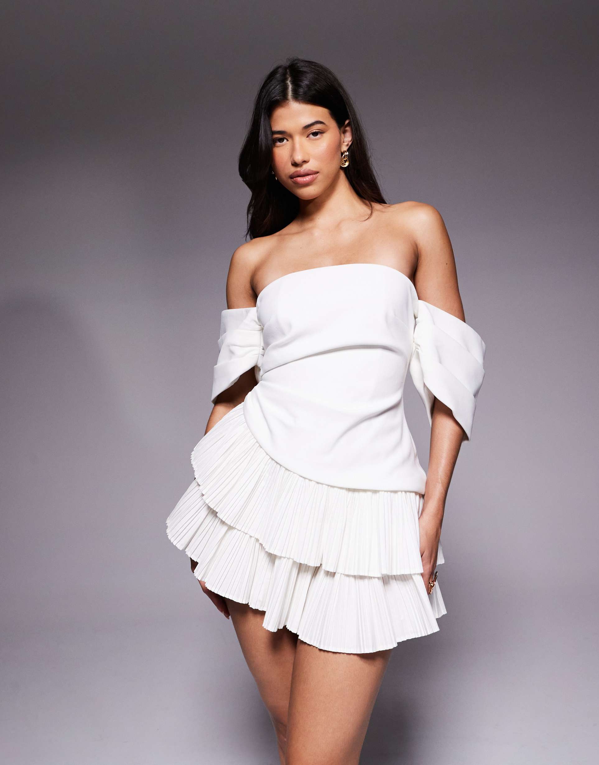 asos luxe bandeau mini dress with pleated skirt in white