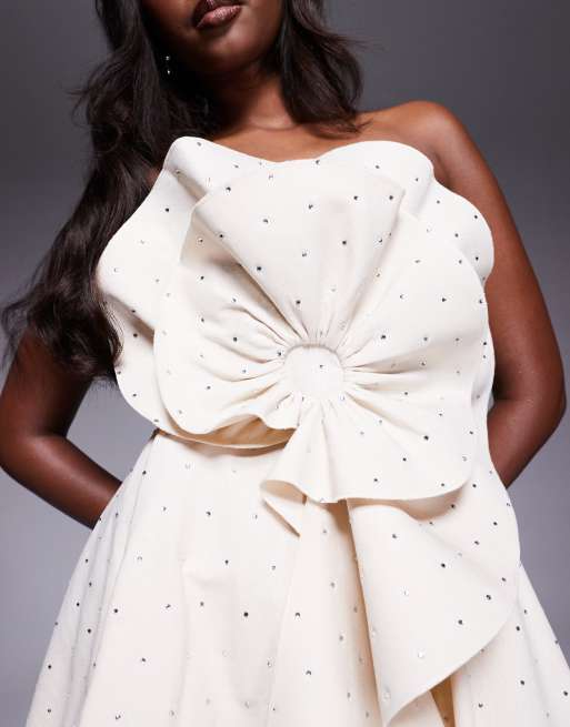ASOS LUXE - Bandeau mini jurk met linnen structuur, corsage en hotfix in crème, 2 van 4