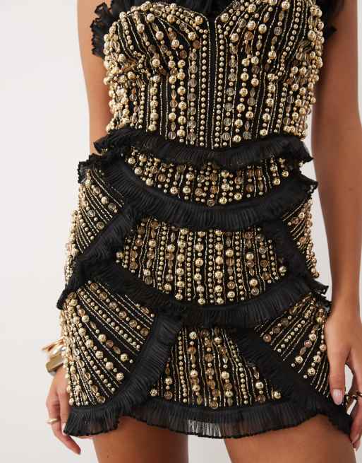 ASOS LUXE bandeau-minikjole med pyntede flæser i sort og guld, 3 af 4