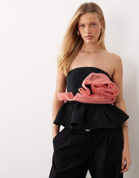 ASOS LUXE bandeau peplum top with corsage detail in black and pink - view 1