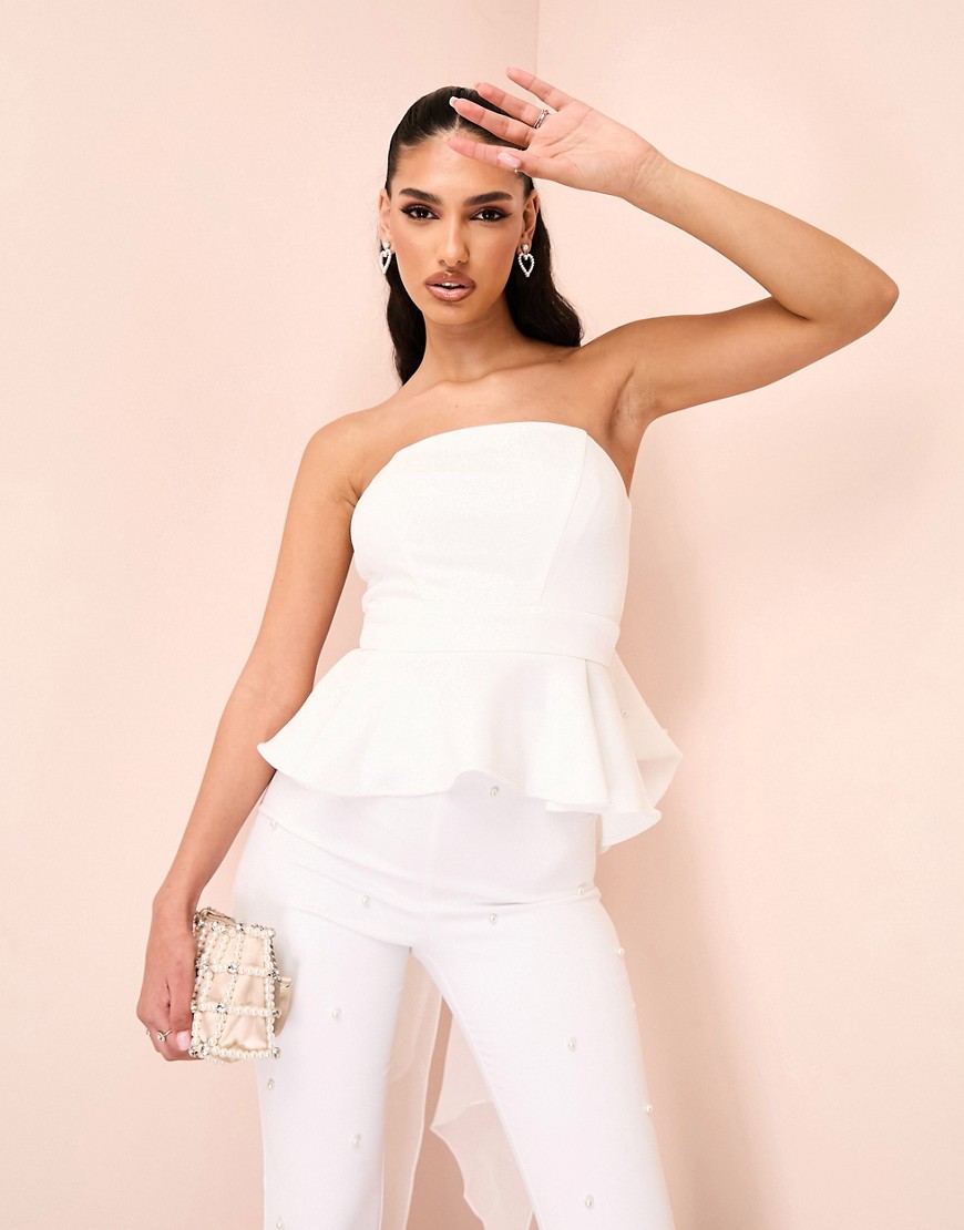 ASOS LUXE bandeau peplum top with embellished pearl bow in white