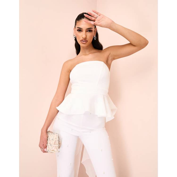 ASOS LUXE bandeau peplum top with embellished pearl bow in White