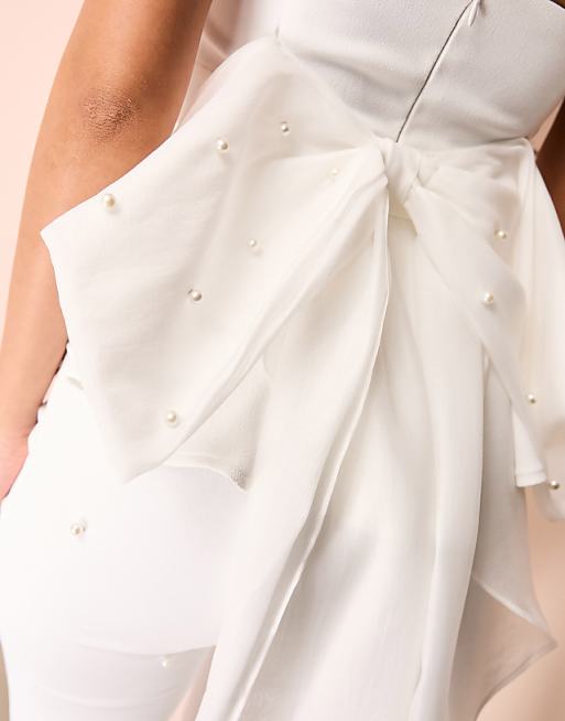 ASOS LUXE bandeau peplum top with embellished pearl bow in ASOS LUXE bandeau peplum top with embellished pearl bow in