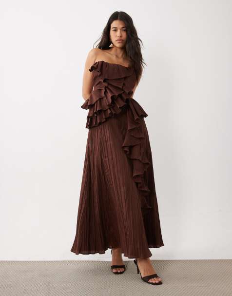 ASOS LUXE bandeau pleated maxi dress in chocolate