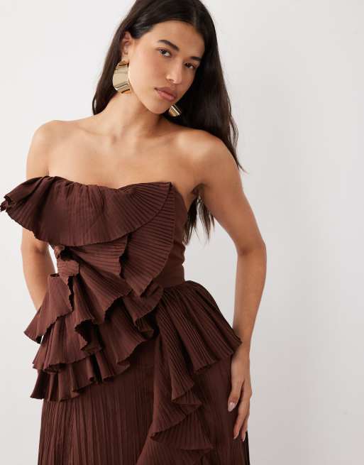 ASOS LUXE bandeau pleated maxi dress in chocolate, 2 of 4