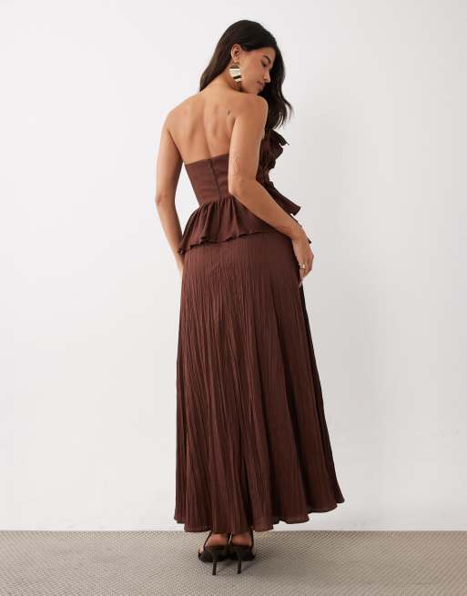 ASOS LUXE bandeau pleated maxi dress in chocolate, 3 of 4