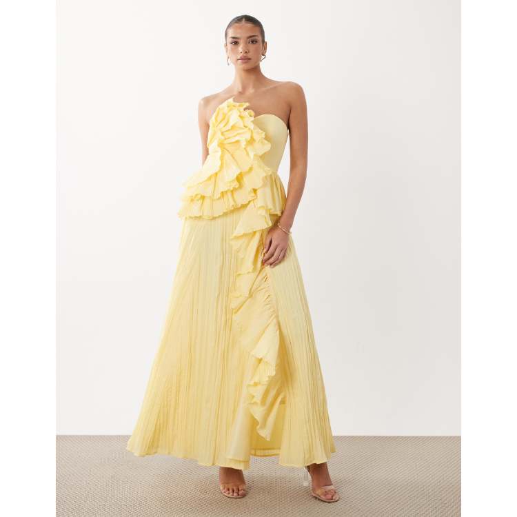 sunset magic strapless pleated maxi dress yellow Golden Yellow Maxi Dress - Plisse Satin Dress - Strapless Dress