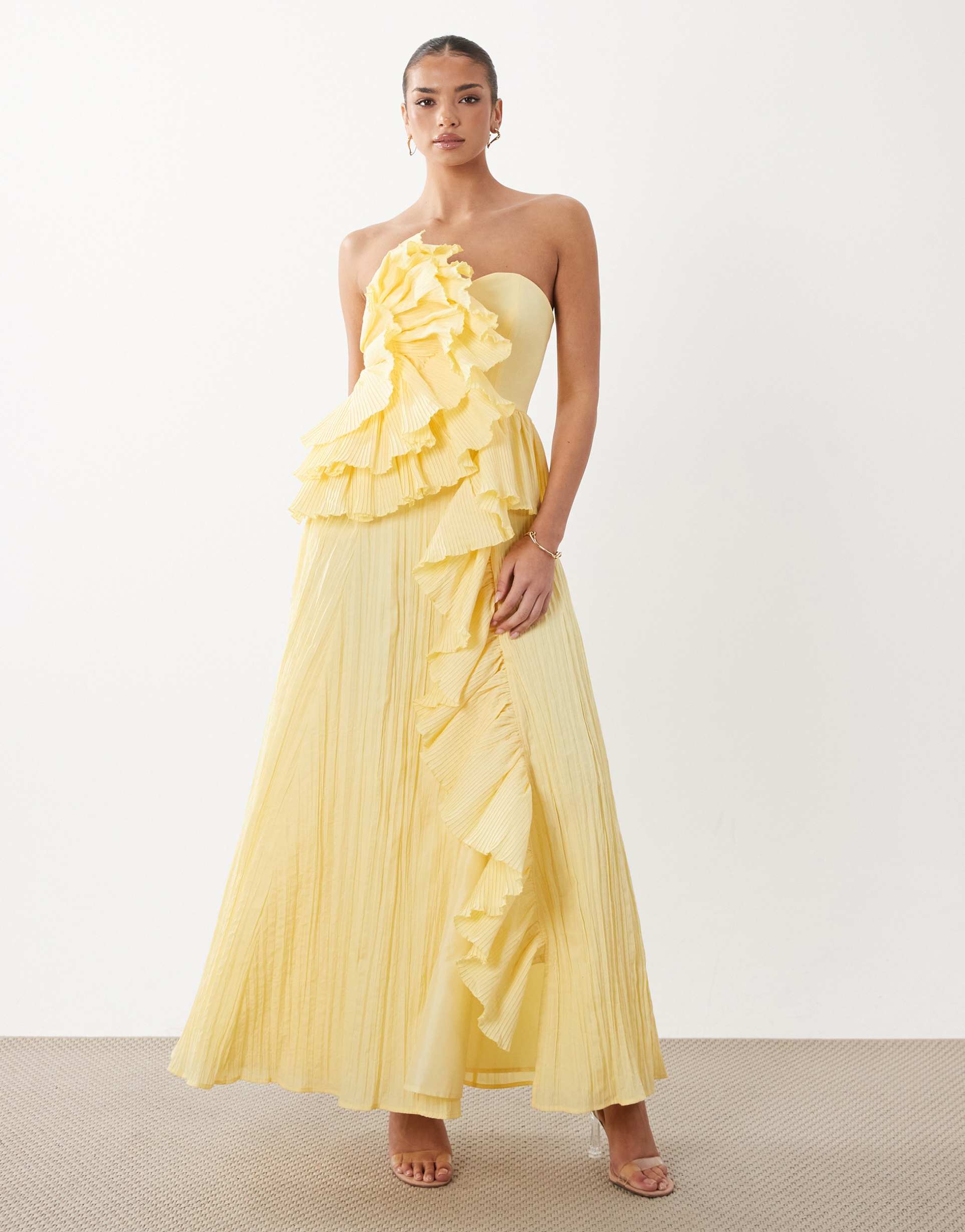 asos luxe bandeau pleated maxi dress in yellow