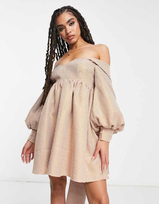 ASOS LUXE - Bandeau smock-minikjole med hjerteformet hals i ternet orange jacquard, 2 af 4