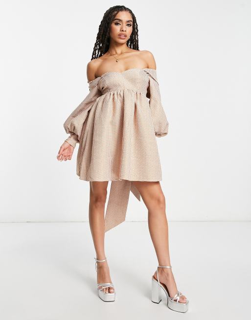 ASOS LUXE - Bandeau smock-minikjole med hjerteformet hals i ternet orange jacquard, 4 af 4
