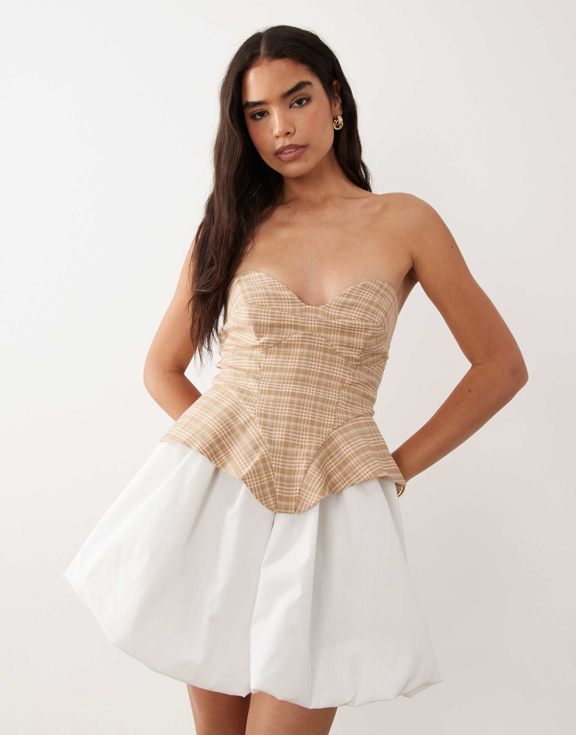 asos luxe bandeau tailored mini dress in plaid with cotton bubble hem contrast