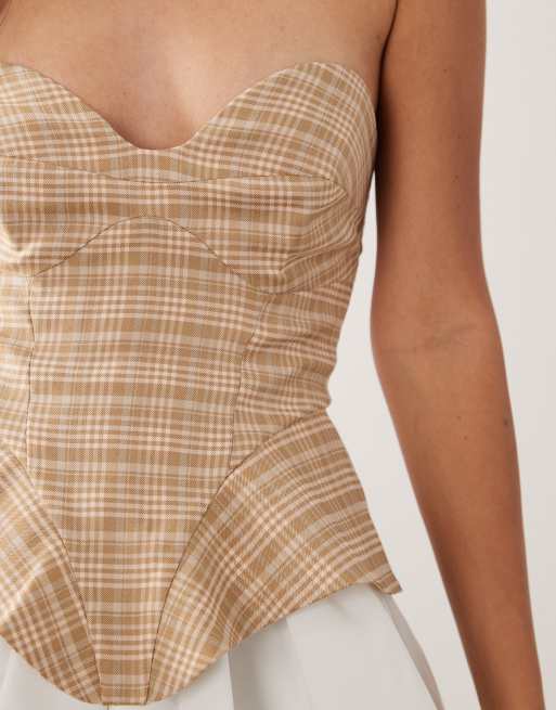 ASOS LUXE bandeau tailored mini dress in plaid with cotton bubble hem contrast, 3 of 4