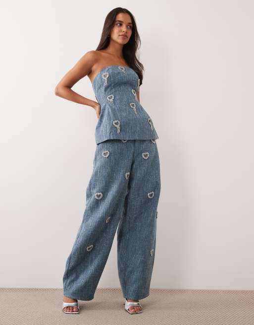 ASOS LUXE bandeautop i corset med hjertedetaljer i boucle i sæt i mørkeblå, 2 af 4