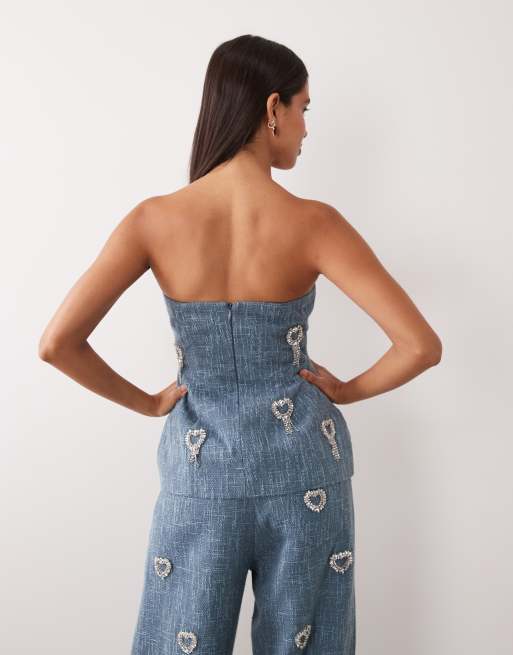 ASOS LUXE bandeautop i corset med hjertedetaljer i boucle i sæt i mørkeblå, 4 af 4