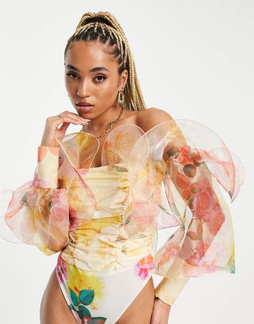 ASOS LUXE - Bardot-bodystocking med bøjle og blonder i blomsterprint, 3 af 4